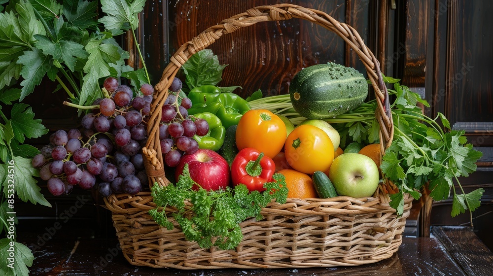 Basket of fresh produce, including peppers, grapes, cucumber, apples, tomatoes, and herbs