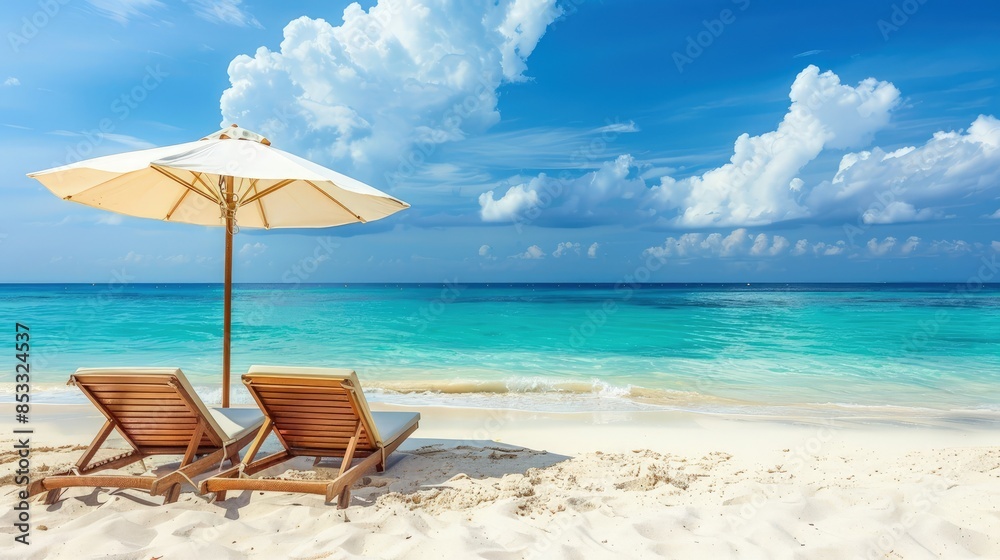 Fototapeta premium Beach scene with clear blue water, white sand, two wooden lounge chairs, and a white umbrella