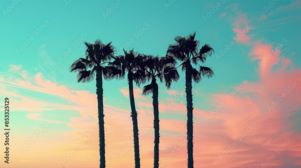 Tall palm trees silhouetted against a vibrant blue sky Tall palm trees silhouetted against a vibrant blue sky