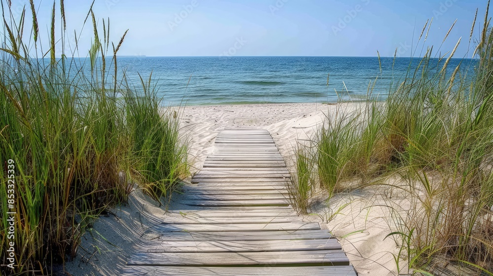 Fototapeta premium Wooden boardwalk leading to a serene, sandy beach with tall grasses and ocean view