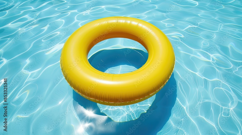 Yellow inflatable ring floats in a clear blue swimming pool Yellow inflatable ring floats in a clear blue swimming pool