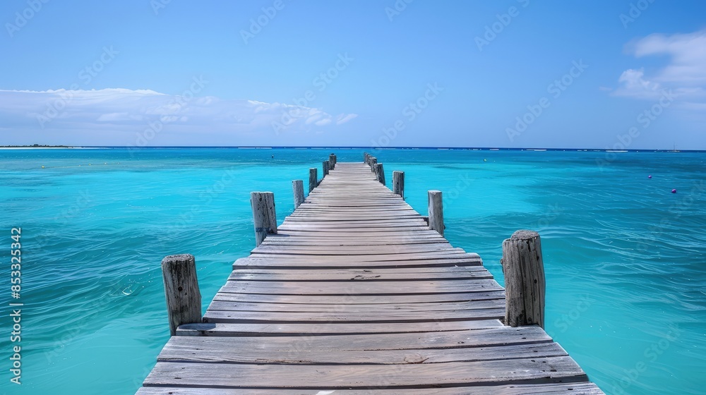 Wooden pier stretching into turquoise ocean, under clear blue sky Wooden pier stretching into turquoise ocean, under clear blue sky