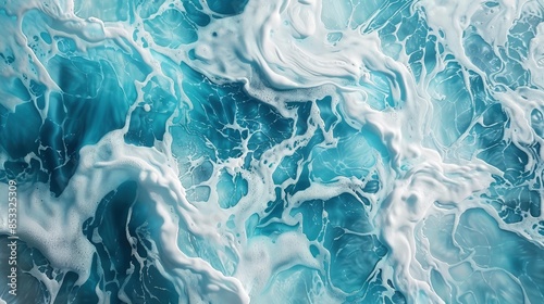 White foam in vivid, swirling blue water, capturing ocean's dynamic movement