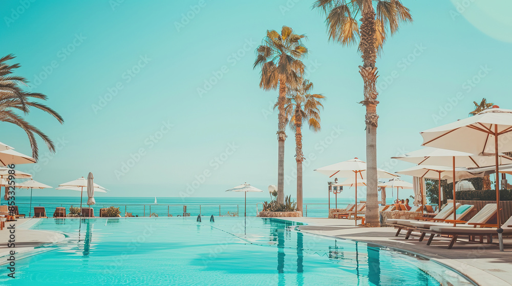 Fototapeta premium Luxury Resort Swimming Pool with Loungers and Palm Trees by the Sea