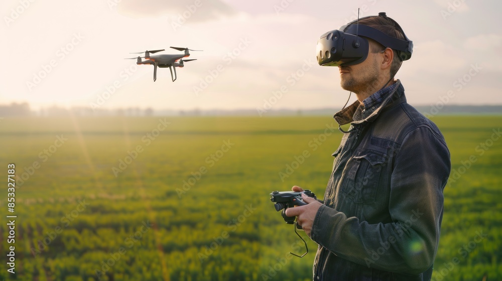 Man wearing vr headset controls drone in field Man wearing vr headset controls drone in field