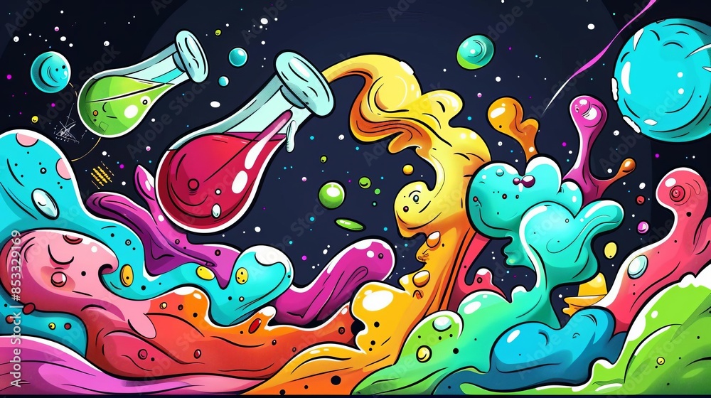 Obraz premium Craft an innovative perspective of chemical equations from a tilted angle, incorporating vibrant colors and intricate details in a digital illustration
