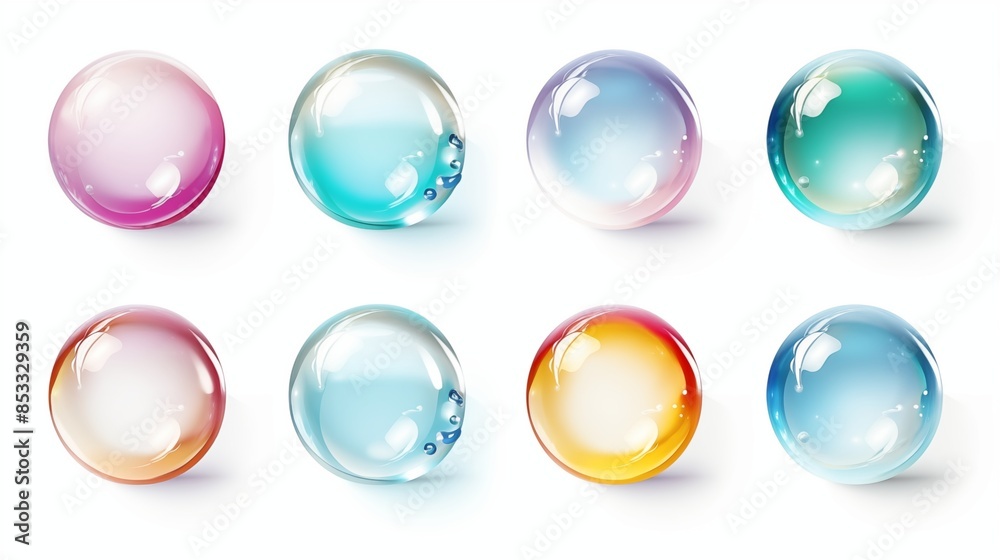 Image featuring a collection of colorful, glass-like spheres against a white background