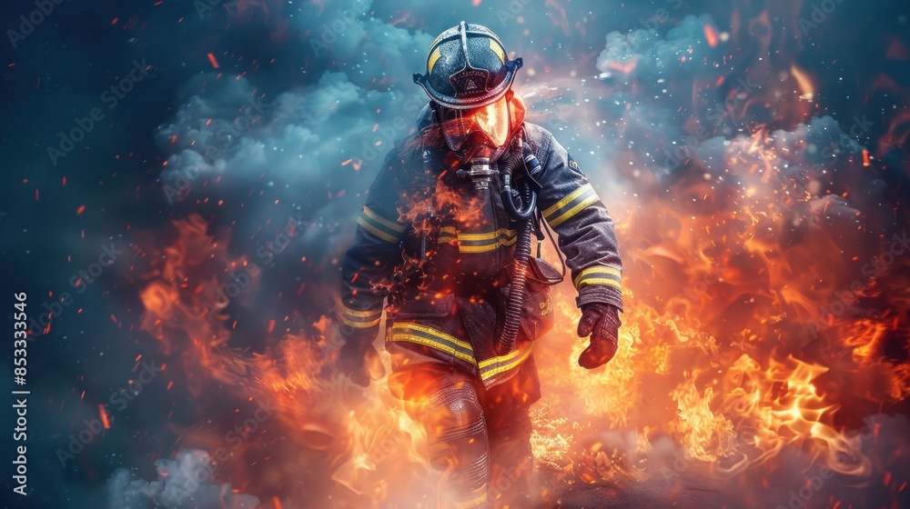 A firefighter is shown in a burning building with smoke and fire. Concept of danger and urgency, as the firefighter is in the midst of a potentially life-threatening situation A firefighter is shown in a burning building with smoke and fire. Concept of danger and urgency, as the firefighter is in the midst of a potentially life-threatening situation
