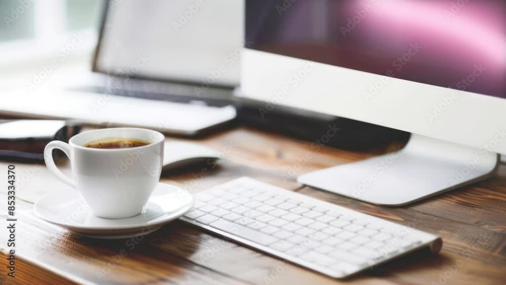 Modern Workspace with Coffee Cup and Computer Modern Workspace with Coffee Cup and Computer