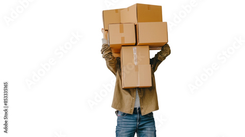 Person carrying a big stack of cardboard boxes on white background