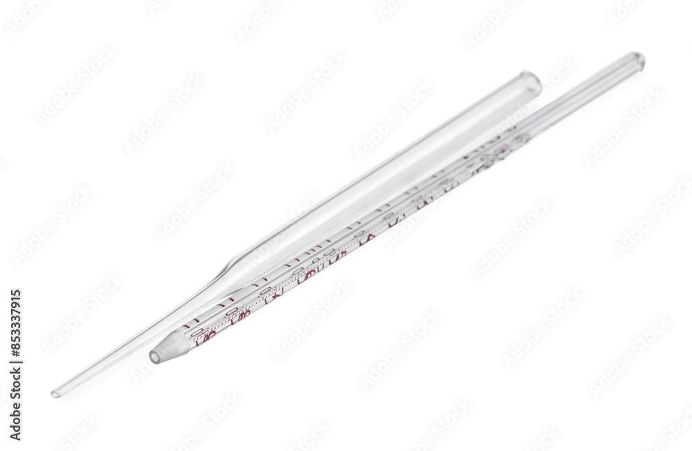 Two clean pipettes isolated on white, above view Two clean pipettes isolated on white, above view