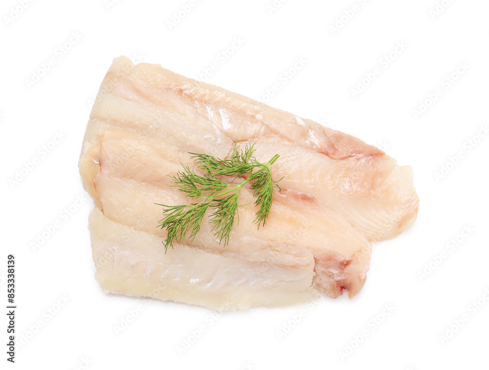 Pieces of raw cod fish and dill isolated on white, top view Pieces of raw cod fish and dill isolated on white, top view