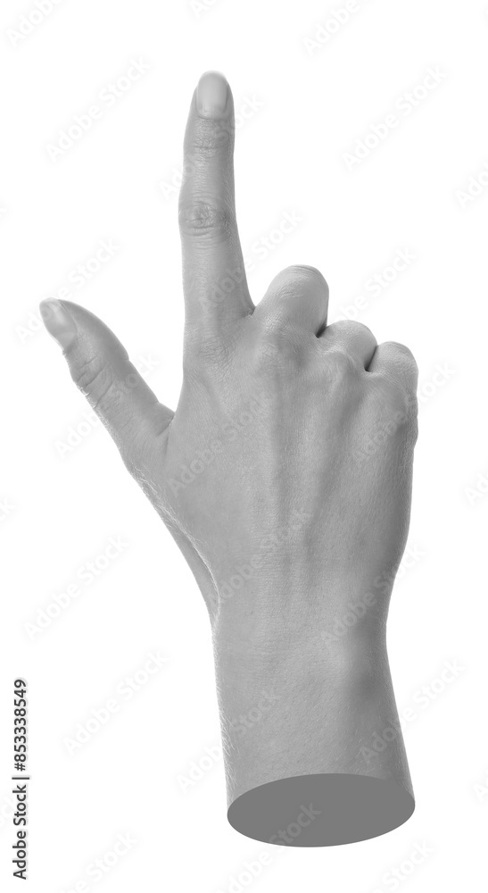 Woman's hand pointing at something on white background. Black and white effect Woman's hand pointing at something on white background. Black and white effect