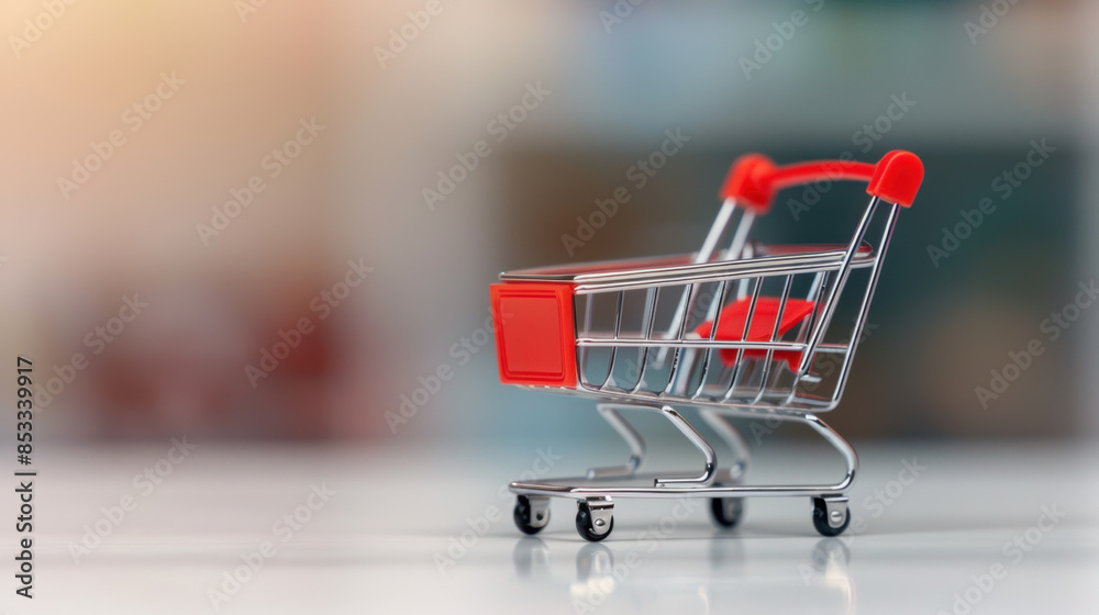 A small shopping cart with red handles sits on a white table A small shopping cart with red handles sits on a white table