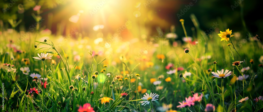 Lush green meadow in summer, with wildflowers in foreground, wide angle Lush green meadow in summer, with wildflowers in foreground, wide angle