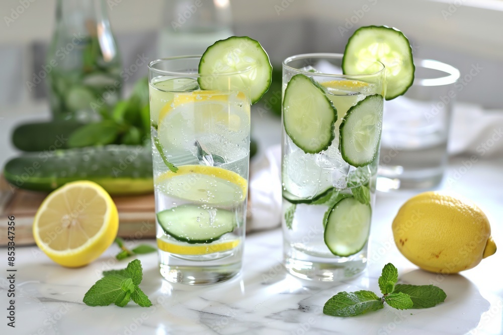 diet water. Cucumber, lemon, mint lemonade in glasses diet water. Cucumber, lemon, mint lemonade in glasses
