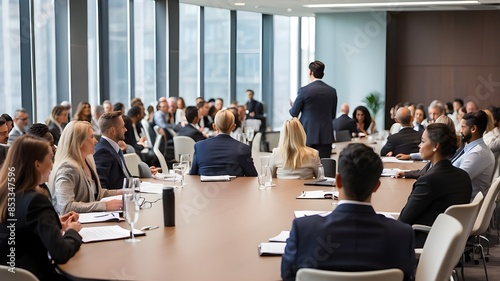Back view of attendees in the conference room during a business event. Speaker delivering a speech.