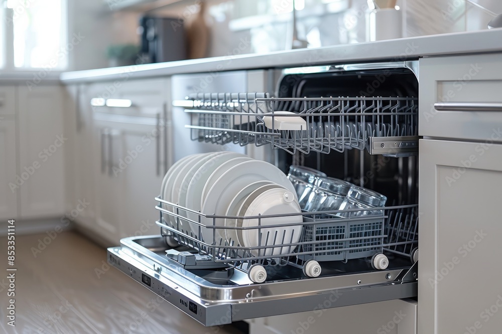 A dishwasher is full of plates and silverware A dishwasher is full of plates and silverware