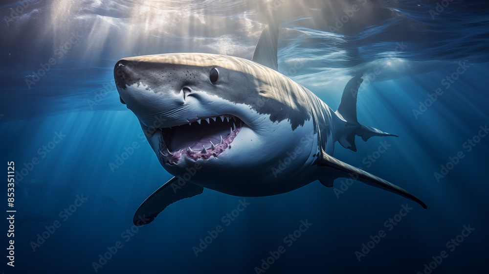 Fototapeta premium Great White Shark Close-Up Under Sunlit Waters