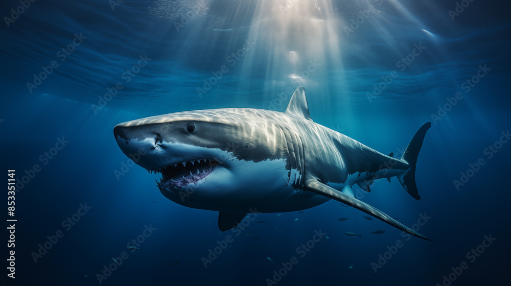 Naklejka premium Great White Shark Gliding Through Ocean Waters