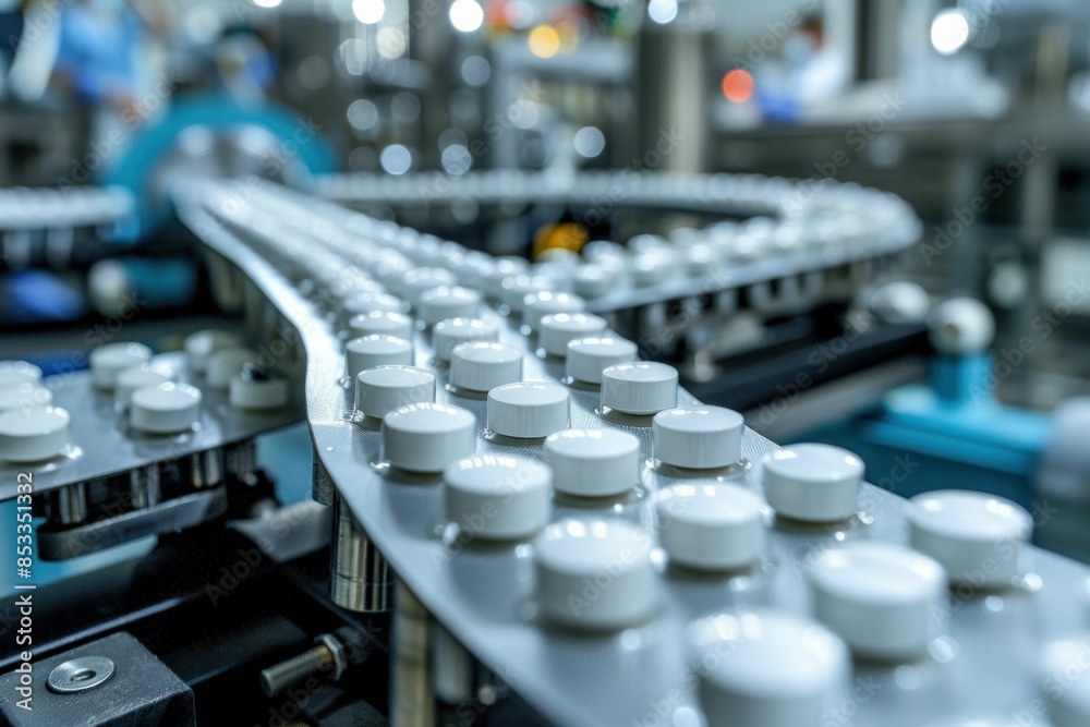 Pharmaceutical factory assembly line produces bottles on conveyor belt for medical industry manufacturing process Pharmaceutical factory assembly line produces bottles on conveyor belt for medical industry manufacturing process