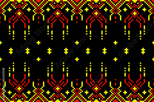 Pixels, Red and yellow square dots tiled in pictures, Pixel pattern with black background, Design, Fabric pattern, Pattern for use as background, Art.