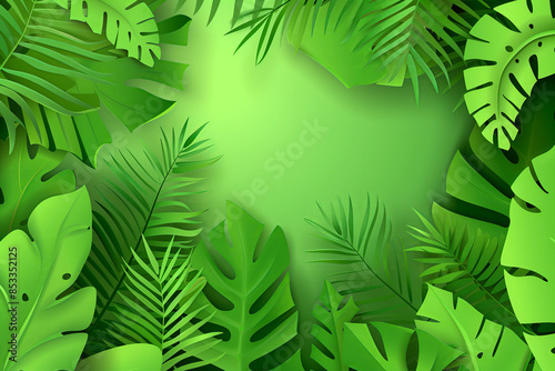 Green tropical leaves and foliage plant in green flat color background with space for text