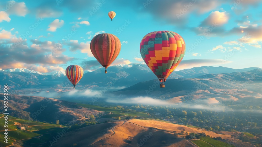 Group of hot air balloons in mountains at sunrise Group of hot air balloons in mountains at sunrise