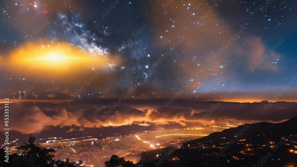 Stunning view of city lights under a starry night sky with the Milky Way, clouds illuminated by the urban glow, creating a captivating blend of nature and city life.	