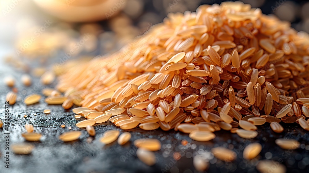Obraz premium A scattering of raw, uncooked brown rice grains, showcasing their natural texture and earthy tones, 