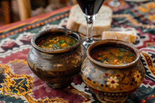 Georgian cuisine. Brad, two wine glasses and Kharcho or Harcho is a traditional Georgian soup photo