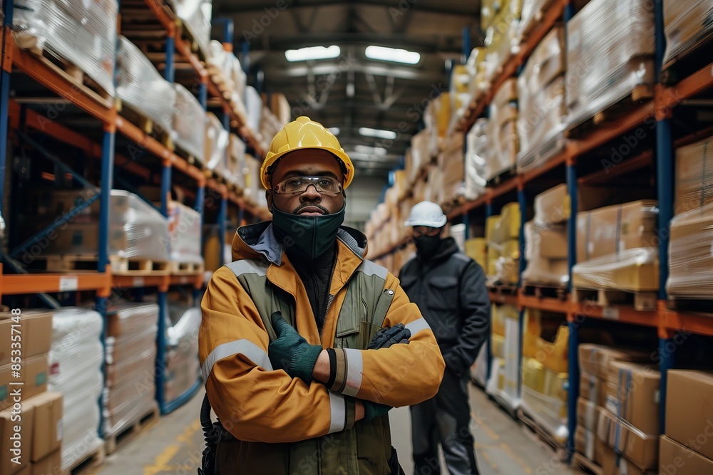 Group of intercultural warehouse workers in gloves, respirators and workwear Group of intercultural warehouse workers in gloves, respirators and workwear