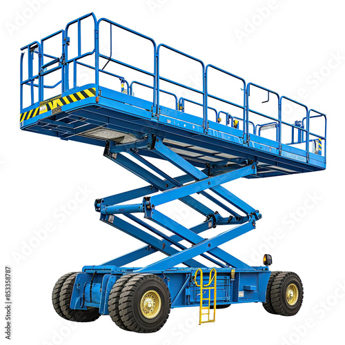 Blue Construction Scissor Lift Platform | Isolated on Transparent & White Background | PNG File with Transparency photo