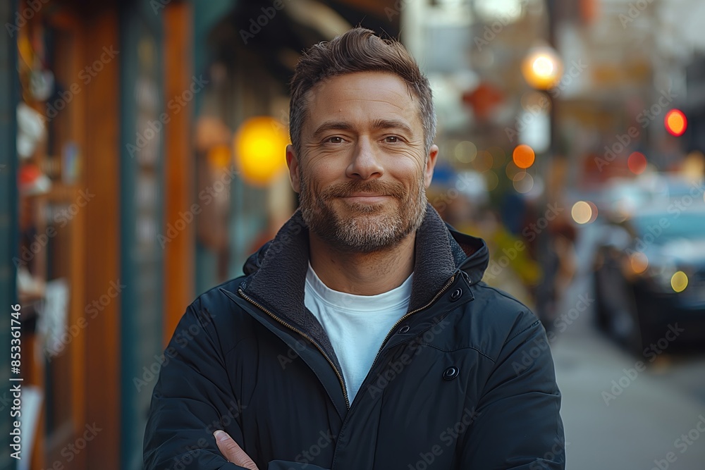 Good-looking man, smiling, wearing black jacket and white t-shirt. Good-looking man, smiling, wearing black jacket and white t-shirt.