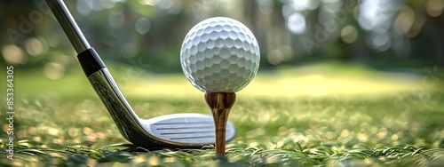 Pristine Golf Ball Balanced on Wooden Tee with Trusted Wood Club Foreground and Lush Fairway photo