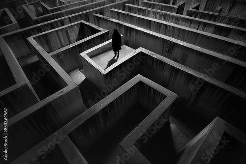 Dark artwork of a woman lost in a maze, mental health concept