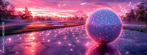 Avant Garde Holographic Golf Ball on Futuristic Course with Vibrant Sunset Backdrop photo