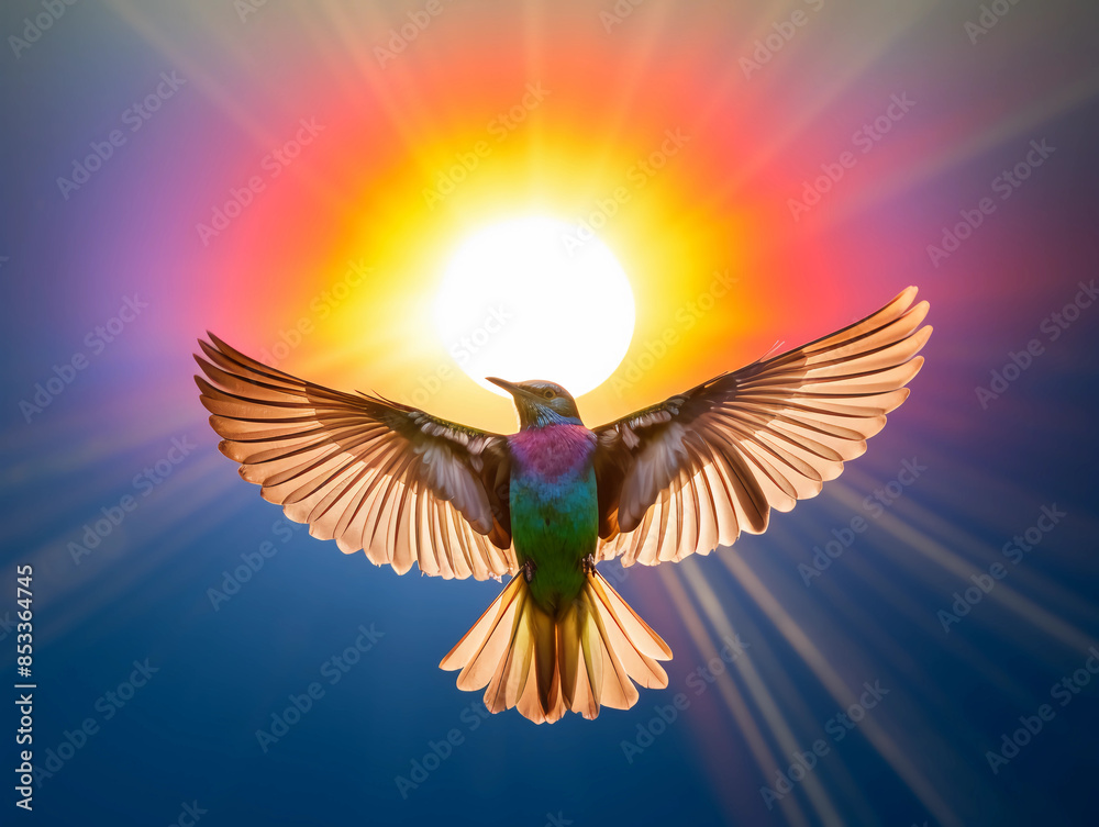 A colorful bird with outstretched wings flying towards the sun, radiating rays of light and hope A colorful bird with outstretched wings flying towards the sun, radiating rays of light and hope
