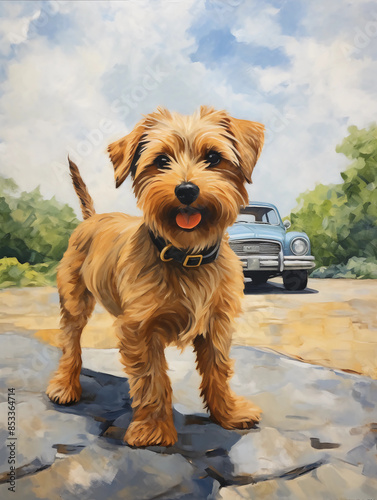 A cute and happy dog standing on the road, behind him is an old car parked in front of it