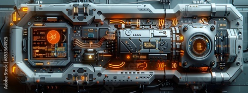 Closeup side angle of an advanced control module with a geometric faceplate pulsing energy