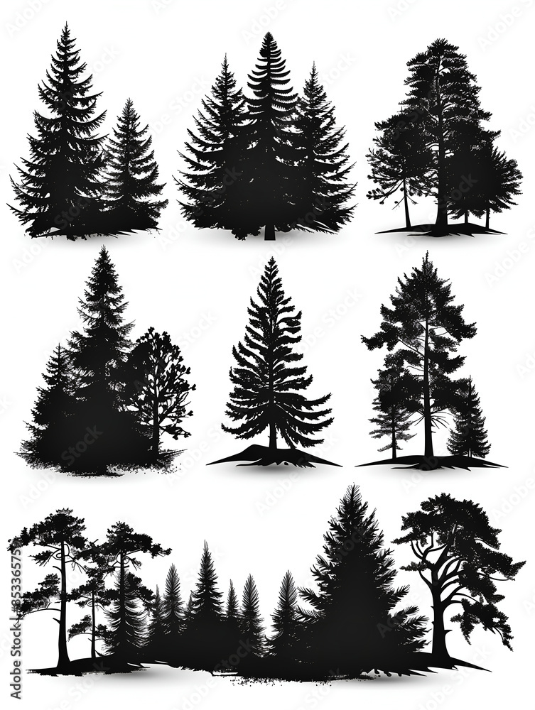Obraz premium set of black silhouette pine tree forests on white background