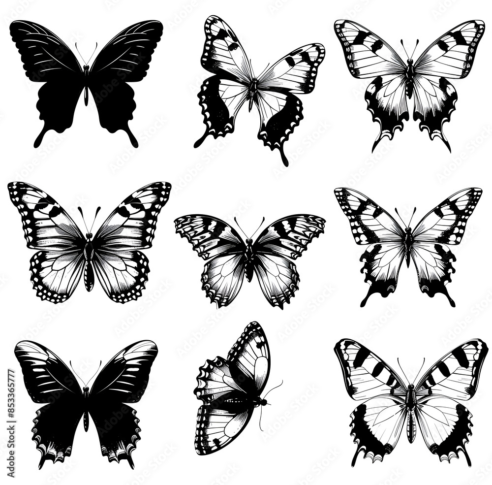 set of butterflies silhouettes, isolated on white background set of butterflies silhouettes, isolated on white background