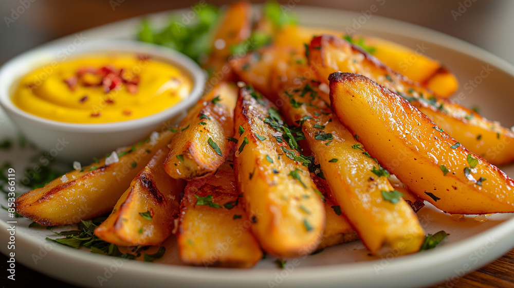 A close-up photograph of gourmet fries, elegantly arranged on a white ceramic plate with a sweeping curve. The fries are hand-cut, golden and crispy, lightly seasoned with sea salt and fresh herbs, A close-up photograph of gourmet fries, elegantly arranged on a white ceramic plate with a sweeping curve. The fries are hand-cut, golden and crispy, lightly seasoned with sea salt and fresh herbs,