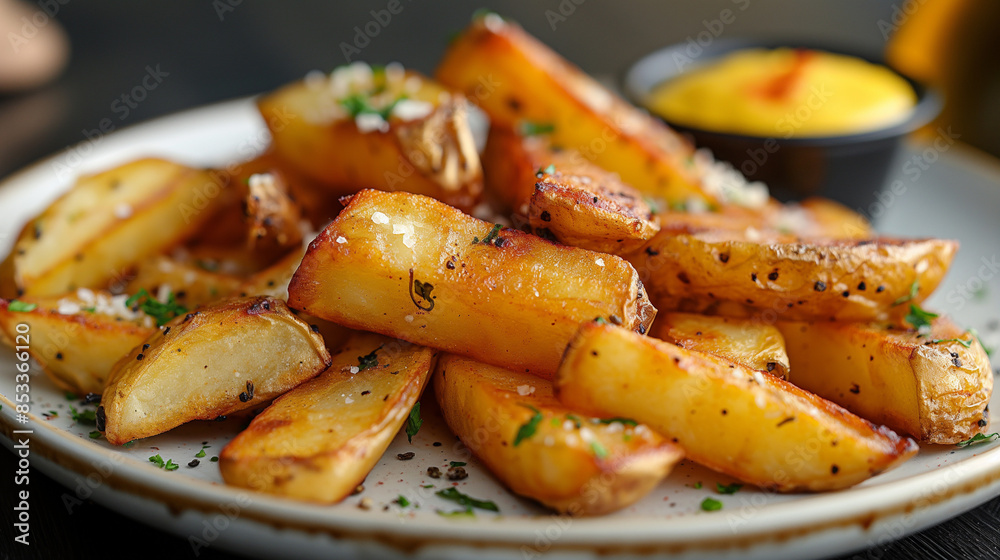 A close-up photograph of gourmet fries, elegantly arranged on a white ceramic plate with a sweeping curve. The fries are hand-cut, golden and crispy, lightly seasoned with sea salt and fresh herbs, A close-up photograph of gourmet fries, elegantly arranged on a white ceramic plate with a sweeping curve. The fries are hand-cut, golden and crispy, lightly seasoned with sea salt and fresh herbs,