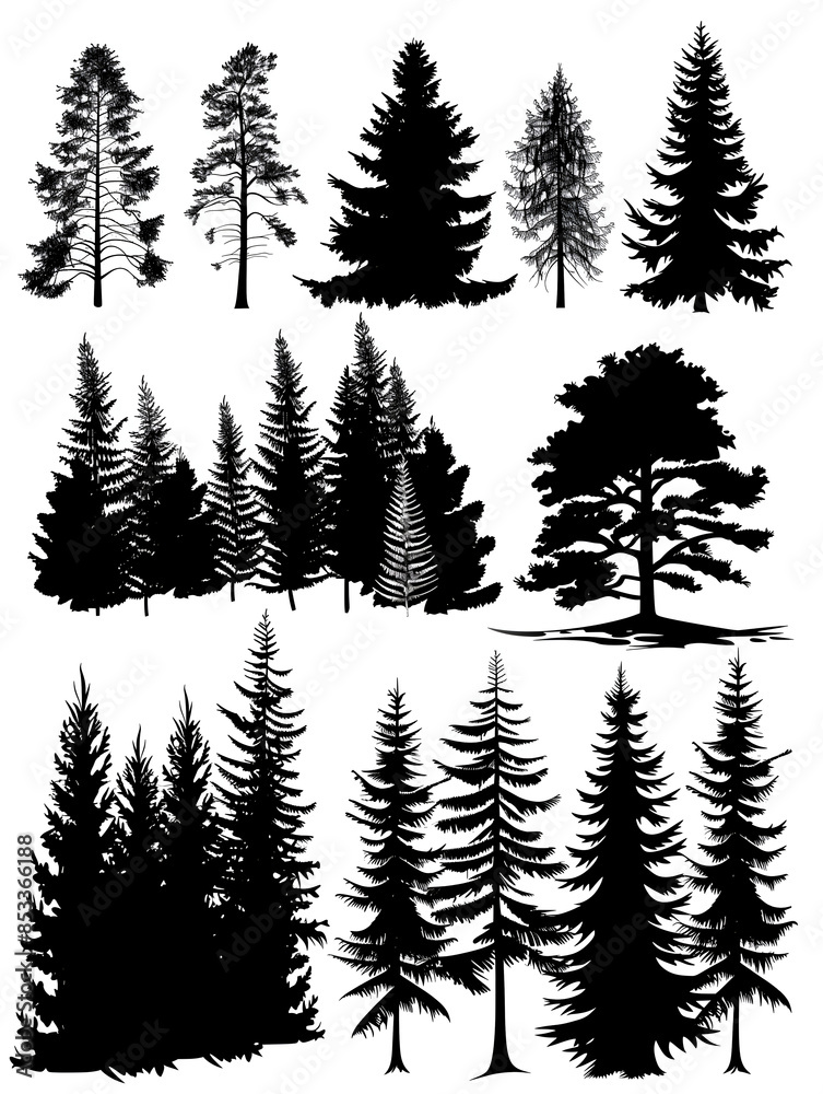 Obraz premium set of black silhouette pine tree forests on white background