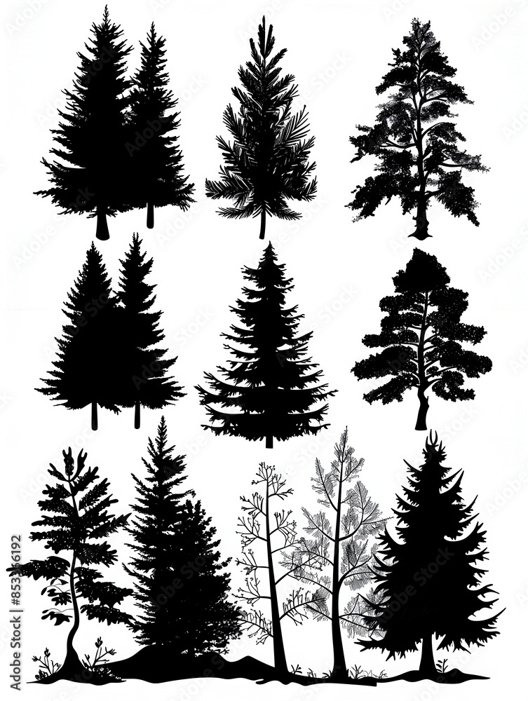 Obraz premium set of black silhouette pine tree forests on white background