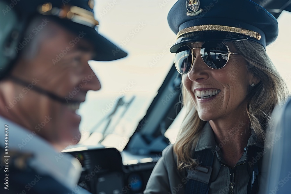 Mature commercial male pilot Beautiful middle aged woman airplane captain instructor has a meeting Mature commercial male pilot Beautiful middle aged woman airplane captain instructor has a meeting