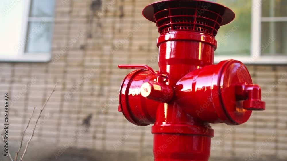 Close-up of red bright new fire hydrant mounted in the courtyard of a multi-story building, the metal flickers in the sun, slow motion from bottom to top Utility services fence city yards, fire safety Close-up of red bright new fire hydrant mounted in the courtyard of a multi-story building, the metal flickers in the sun, slow motion from bottom to top Utility services fence city yards, fire safety