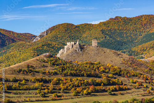 Europe, Romania, Transylvania.Coltesti Castle 11th C Ruins. Territorial Trascau mountain views. photo