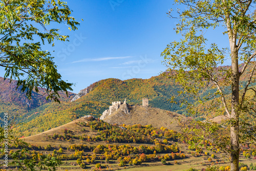 Europe, Romania, Transylvania.Coltesti Castle 11th C Ruins. Territorial Trascau mountain views. photo